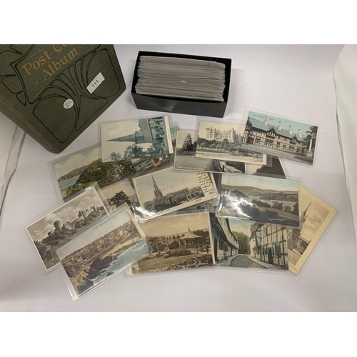 111 - A VINTAGE POST CARD ALBUM TO INCLUDE 150 CARDS PLUS A BOX OF POST CARDS