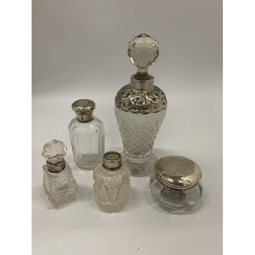 12 - FIVE HALLMARKED SILVER AND CUT GLASS ITEMS, PERFUME BOTTLES ETC