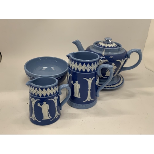 120 - FOUR PIECES OF DUDSON POTTERY IN A JASPERWARE STYLE PATTERN TO INCLUDE A TEAPOT AND STAND, JUGS AND ... 