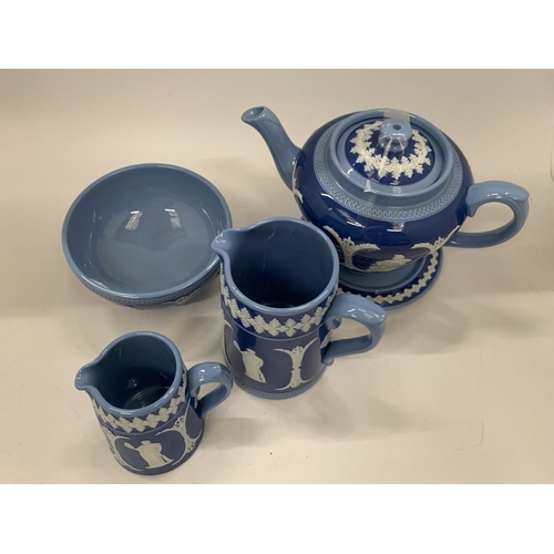 120 - FOUR PIECES OF DUDSON POTTERY IN A JASPERWARE STYLE PATTERN TO INCLUDE A TEAPOT AND STAND, JUGS AND ... 