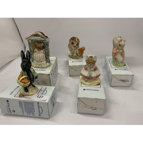 127 - FIVE BOXED ROYAL ALBERT BEATRIX POTTER FIGURES TO INCLUDE LITTLE BLACK RABBIT, MISS DORMOUSE, THE OL... 