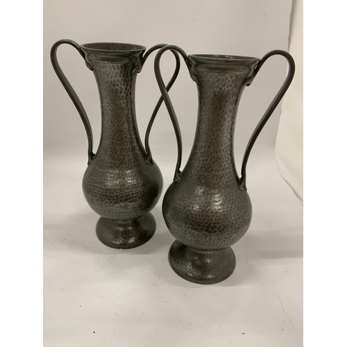 141 - A PAIR OF ARTS AND CRAFTS STYLE PEWTER VASES