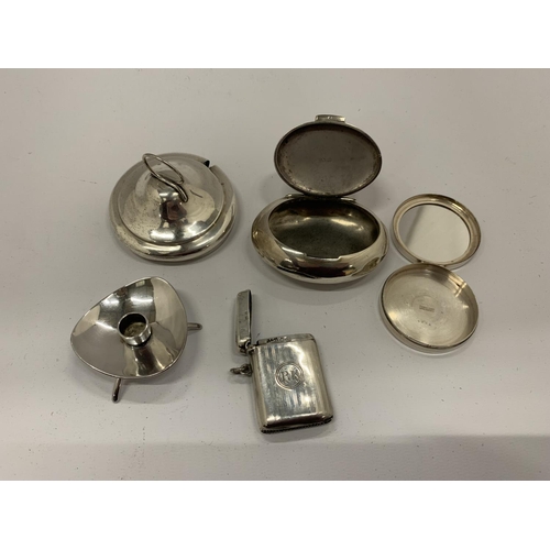 15 - A GROUP OF HALLMARKED SILVER ITEMS TO INCLUDE A DANISH SILVER CANDLE HOLDER, VESTA CASE, PILL BOX ET... 