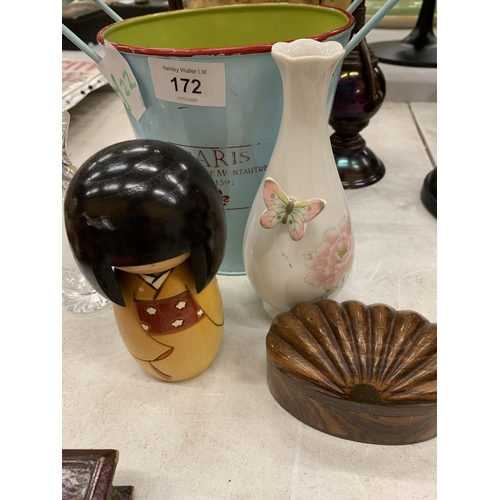 172 - A MIXED LOT TO INCLUDE A LARGE WEST GERMAN VASE, A WOODEN JAPANESE FIGURE, ICE BUCKET, VASES, ETC