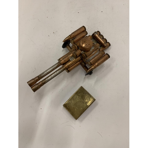 178 - TWO PIECES OF 'TRENCH ART' TO INCLUDE A FIELD CANON AND A MATCH BOX CASE  INSCRIBED 'FRANCE'