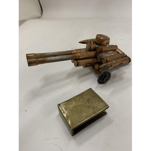 178 - TWO PIECES OF 'TRENCH ART' TO INCLUDE A FIELD CANON AND A MATCH BOX CASE  INSCRIBED 'FRANCE'