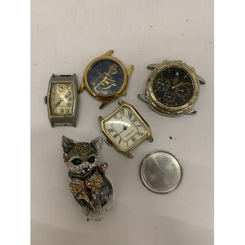 208 - A QUANTITY OF WATCH FACES PLUS A CAT BROOCH