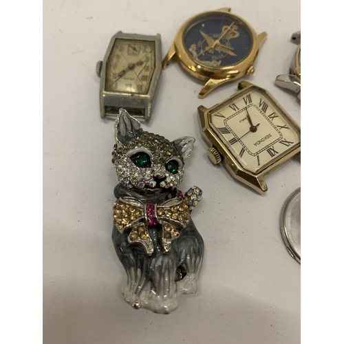 208 - A QUANTITY OF WATCH FACES PLUS A CAT BROOCH