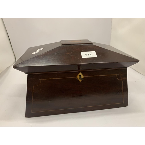 211 - AN INLAID MAHOGANY TEA CADDY WITH THREE COMPARTMENTS