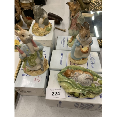 224 - FIVE ROYAL ALBERT BEATRIX POTTER FIGURES TO INCLUDE TIMMY WILLIE SLEEPING, MRS RABBIT COOKING, FOXY ... 