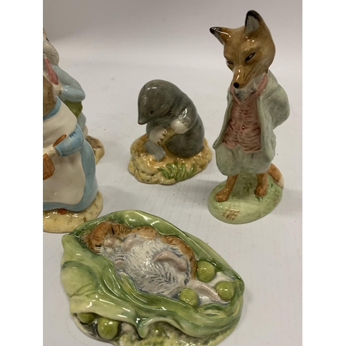 224 - FIVE ROYAL ALBERT BEATRIX POTTER FIGURES TO INCLUDE TIMMY WILLIE SLEEPING, MRS RABBIT COOKING, FOXY ... 