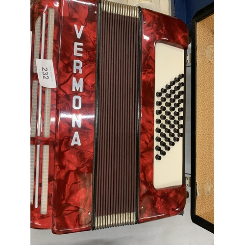 232 - A STUDENTS VERMONA WEITMEISTER RED ACCORDIAN IN A CASE