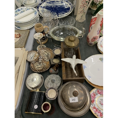 242 - A LARGE MIXED LOT TO INCLUDE SILVER PLATED ITEMS, GLASSWARE, A LLADRO GOOSE - A/F, A CRANBERRY GLASS... 