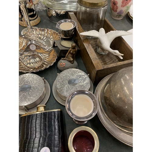 242 - A LARGE MIXED LOT TO INCLUDE SILVER PLATED ITEMS, GLASSWARE, A LLADRO GOOSE - A/F, A CRANBERRY GLASS... 