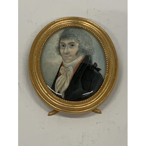 26 - AN 18TH/19TH CENTURY PORTRAIT MINIATURE IN GILT EASEL FRAME, LENGTH 7CM