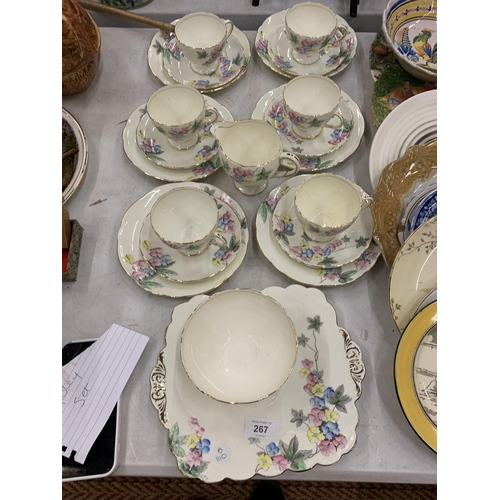 267 - A VINTAGE OLD FOLEY TEASET DECORATED WITH A FLORAL PATTERN TO INCLUDE CUPS, SAUCERS, SIDE PLATES, A ... 