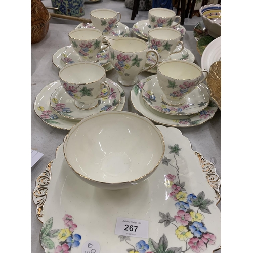 267 - A VINTAGE OLD FOLEY TEASET DECORATED WITH A FLORAL PATTERN TO INCLUDE CUPS, SAUCERS, SIDE PLATES, A ... 