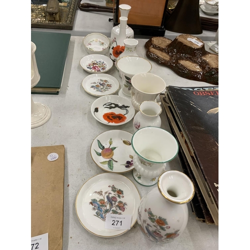 271 - A QUANTITY OF SMALL CERAMIC ITEMS TO INCLUDE AYNSLEY, WEDGWOOD, ETC, PIN TRAYS AND VASES