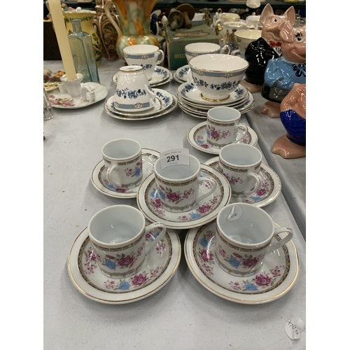 291 - A QUANTITY OF CHINA CUPS AND SAUCERS PLUS A SUGAR BOWL