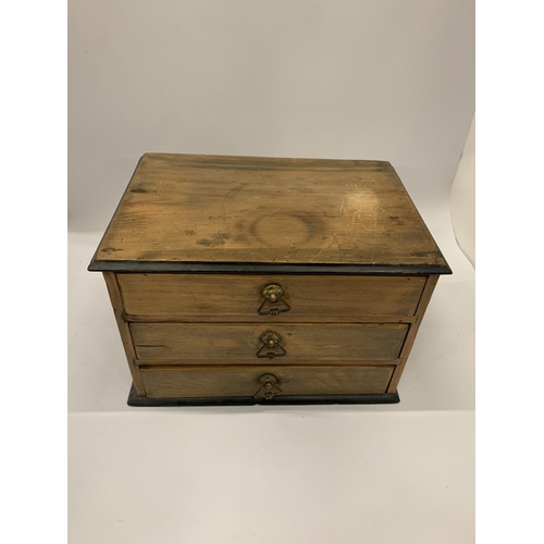 33 - A SATINWOOD TABLE TOP THREE DRAWER CHEST, HEIGHT 19CM