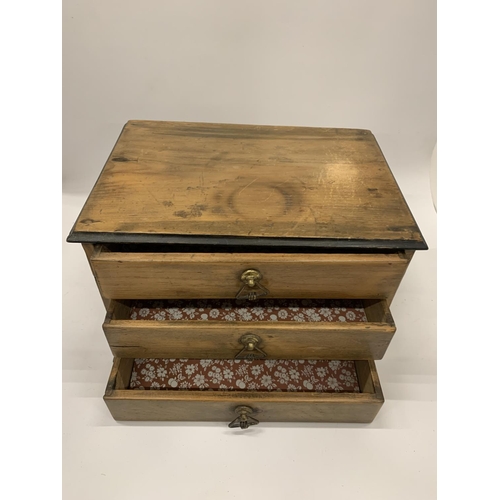 33 - A SATINWOOD TABLE TOP THREE DRAWER CHEST, HEIGHT 19CM