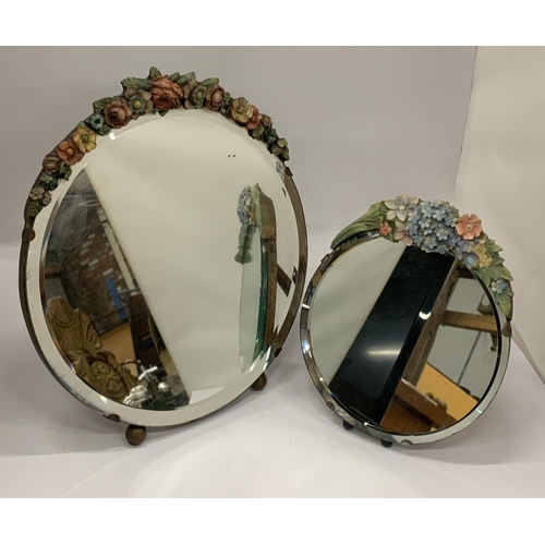 38 - TWO FLORAL DESIGN BARBOLA CIRCULAR MIRROR, DIAMETER OF LARGEST 30CM