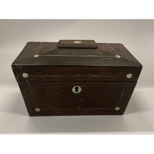 41 - A 19TH CENTURY ROSEWOOD AND MOTHER OF PEARL TEA CADDY