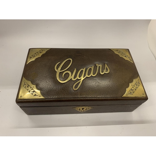 43 - A VINTAGE LEATHER AND BRASS CIGAR BOX