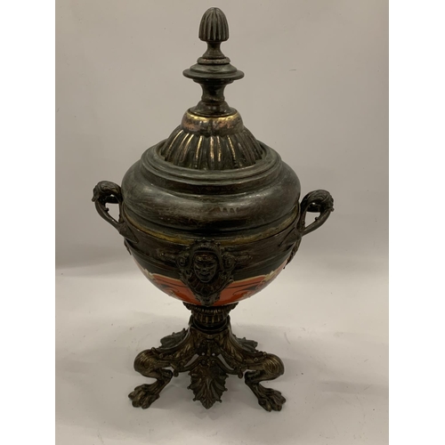 50 - A ORIENTAL BRONZE AND CERAMIC LIDDED POT, HEIGHT 41CM