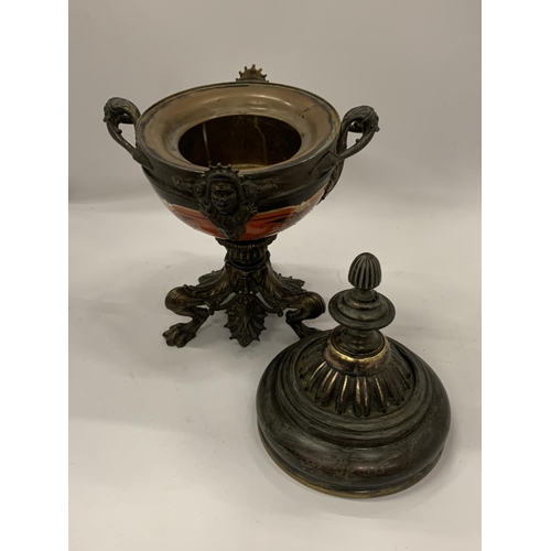 50 - A ORIENTAL BRONZE AND CERAMIC LIDDED POT, HEIGHT 41CM