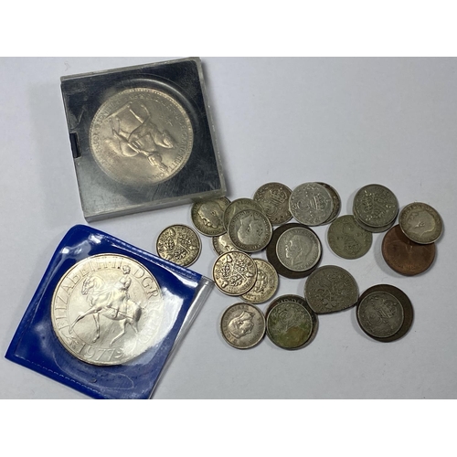 503 - A MIXED LOT OF PRE 1947 SILVER AND FURTHER COINS WITH TWO COMMEMORATIVE COINS