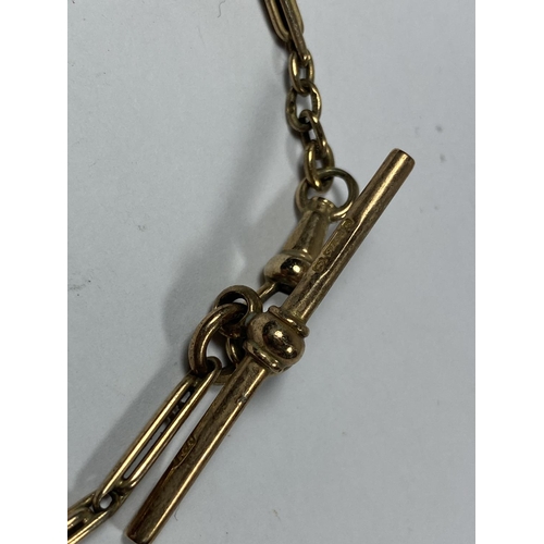 505 - A 9CT YELLOW GOLD ALBERT CHAIN WITH T-BAR, WEIGHT 17.1G