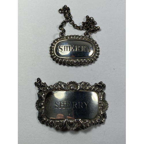 522 - TWO HALLMARKED SILVER SHERRY DECANTER LABELS TO INCLUDE A VICTORIAN EXAMPLE