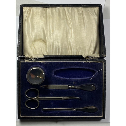 524 - A CASED CHESTER HALLMARKED SILVER MANICURE SET (MISSING ONE ITEM)