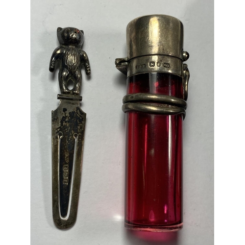 525 - THREE HALLMARKED SILVER ITEMS - BEAR BOOKMARK, SMALL PHOTO FRAME AND CRANBERRY GLASS PERFUME BOTTLE