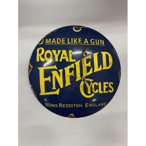 66 - A ROYAL ENFIELD CYCLES CIRCULAR ENAMEL SIGN, DIAMETER 30CM