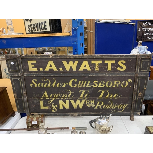 67 - A LARGE VINTAGE E.A WATTS WOODEN RAILWAY SIGN, LENGTH 120CM