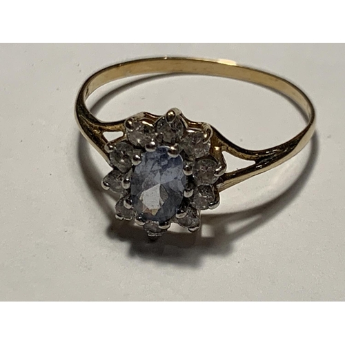 675 - A 9 CARAT GOLD RING WITHB A CENTRE AQAUAMARINE SURROUNDED BY CUBIC ZIRCONIAS  SIZE Q/R