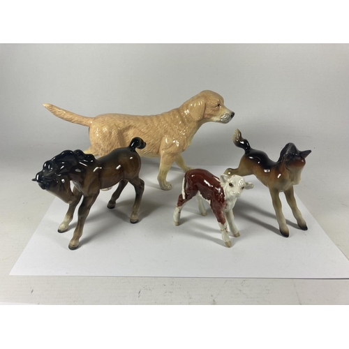 717 - FOUR CERAMIC ANIMALS TO INCLUDE A ROYAL DOULTON RETRIEVER, A BESWICK FOAL, MIDWINTER FOAL AND A BESW... 