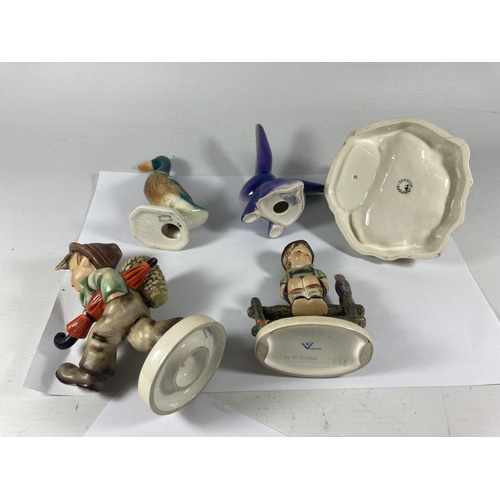 725 - FIVE VARIOUS CERAMICS ITEMS TO INCLUDE TWO GOEBEL FIGURES, TWO BESWICK DUCKS AND GOEBEL RABBIT