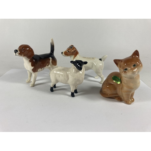 727 - FOUR BESWICK FIGURES TO INCLUDE A JACK RUSSEL, HOUND, A LAMB AND A CAT