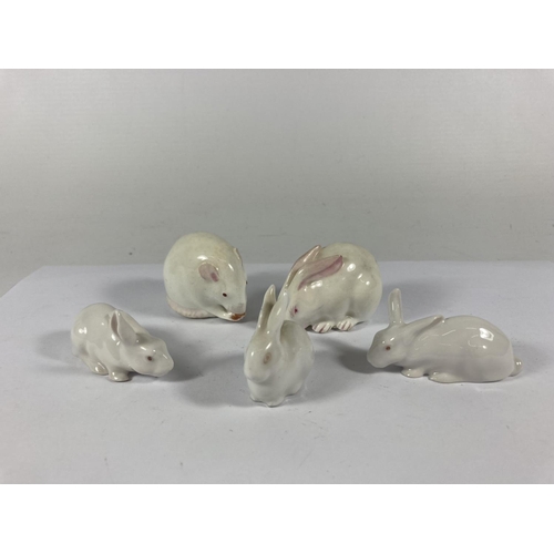 728 - FIVE ITEMS TO INCLUDE A BESWICK WHITE RAT, WHITE RABBIT AND THREE COPENHAGEN RABBITS