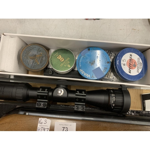 73 - A GAMO HUNTER 440 .22 AIR RIFLE WITH SCOPE AND PELLET TINS