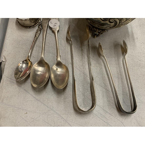 80 - A MIXED LOT TO INCLUDE HALLMARKED SILVER TEASPOONS, BRASS CANDLESTICKS ETC