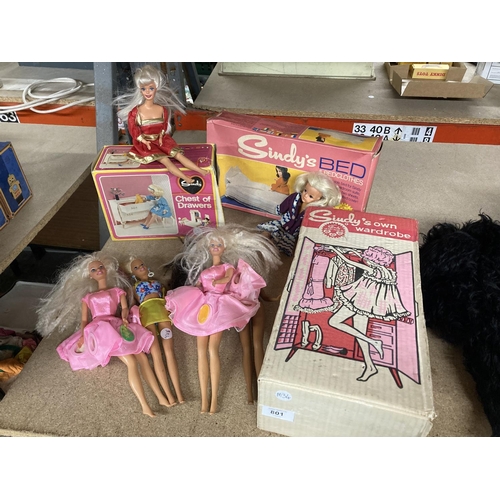 801 - VARIOUS SINDY ITEMS TO INCLUDE A BED, WARDROBE, CHEST OF DRAWERS AND DOLLS