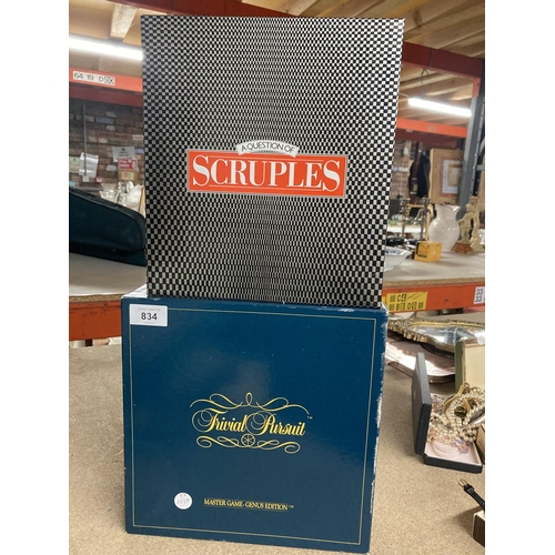 834 - TWO BOXED GAMES TO INCLUDE TRIVIAL PURSUITS AND SCRUPLES