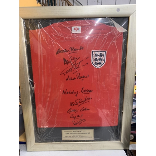 86 - A FRAMED AUTHENTIC 1966 ENGLAND WORLD CUP FOOTBALL SHIRT SIGNED BY GORDON BANKS, GEOFF HURST, JACK C... 