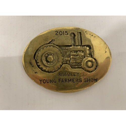 903 - TWO SMALL BRASS PLAQUES - 50TH ASTLE PARK TRACTION ENGINE RALLY AND 2015 ROMILY YOUNG FARMERS SHOW