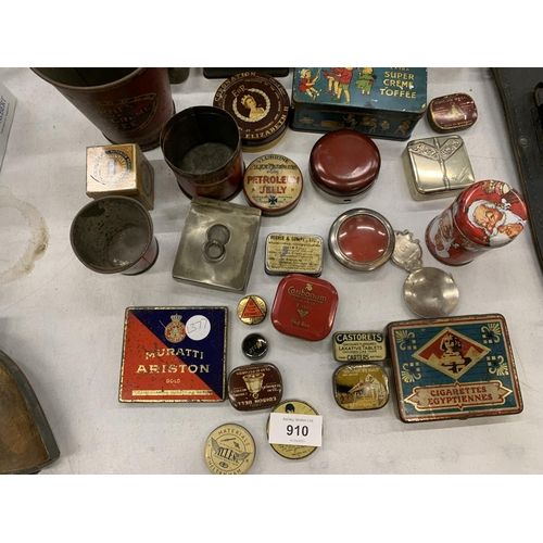 910 - A LARGE COLLECTION OF VINTAGE TINS TO INCLUDE A THORNES TOFFEE BUCKET, BEE BEE BISCUITS MONEY TINS, ... 