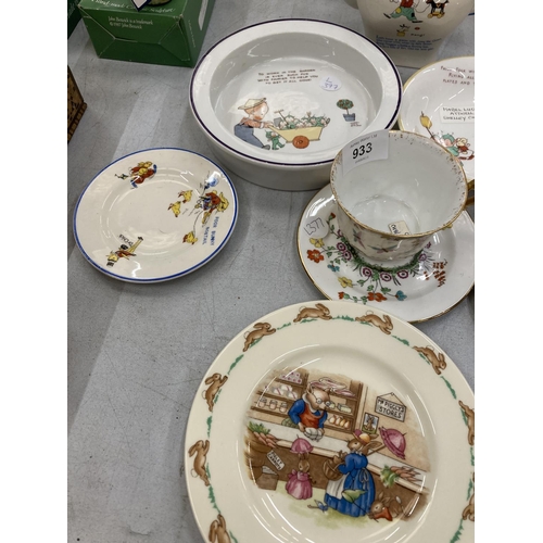 933 - TWO SHELLEY MABEL LUCIE ATTWELL CHILDREN'S BOWLS, A CORONA WARE CHILD'S TEAPOT AND PLATES, ETC